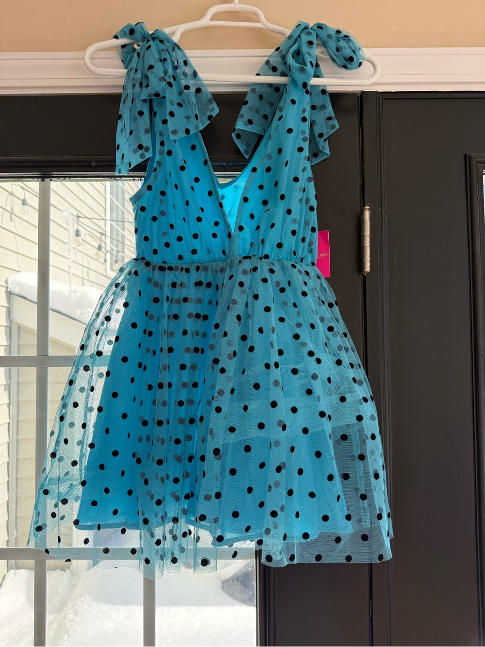 Teal Blue Polka Dot Tulle Party Dress with Black Dots - Picture 2 of 8